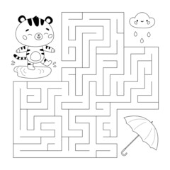 Wall Mural - Maze game for children. Help the tiger find right way to an umbrella. Coloring page. Autumn rainy day. Cute cartoon kawaii character. Funny cloud with face. Vector illustration.