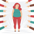 Concept of discrimination and bullying towards fat girl, with obese woman pointed out and rejected. Fat shaming or body shaming