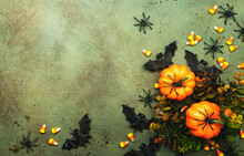 Happy Halloween Swamp Green Background With Pumpkins, Bats, Spiders, Candy Corn With Copy Space