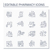 © Antstudio - Pharmacy line icons set. Dispensing medical drugs. Research and development. Healthcare concept. Isolated vector illustrations. Editable stroke