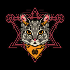 Illustration design of cute halloween cat with sacred geometry style in black background. Good for logo, background, tshirt, banner