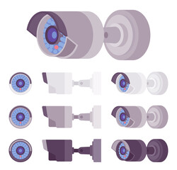 CCTV, bullet camera, closed circuit television system equipment set. Security technology, professional video surveillance, control. Vector flat style cartoon illustration, different views and colors