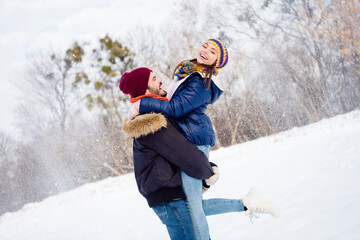 Sticker - Portrait of handsome guy hands hold charming cheerful lady toothy smile enjoy great weekend day outdoors