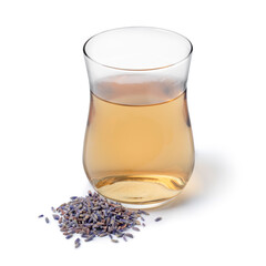 Sticker - Glass cup with lavender tea and a fresh twig of lavender in front isolated on white background 