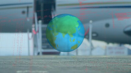 Wall Mural - Animation of globe and data processing over airport