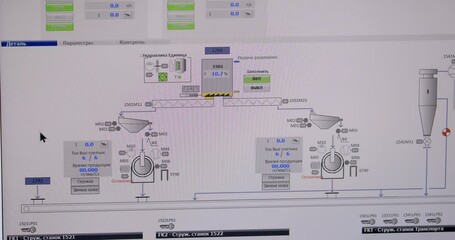 In a wood processing plant, a computer monitor in the control room where the technological process is monitored. Computer program interface shows the complex process of wood processing and plywood pro