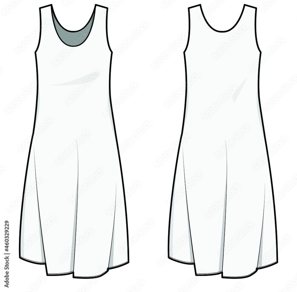 Women Sleeveless Shift Dress, A-line Dress Front and Back View. fashion illustration vector, CAD, technical drawing, flat drawing. Stock Vector | Adobe Stock Women Sleeveless Shift Dress, A-line Dress Front and Back View. fashion illustration vector, CAD, technical drawing, flat drawing. Stock Vector | Adobe Stock