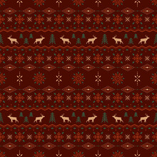 Vector Classic Christmas Seamless Pattern With Stylized Reindeers, Spruces And Snowflakes. Red And Green Ornate Geometric Background In Scandinavian Style For Fabric, Wrapping Paper And Packaging 