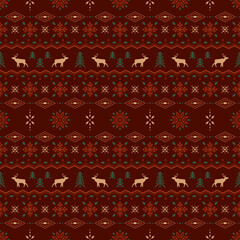 Wall Mural - Vector classic christmas seamless pattern with stylized reindeers, spruces and snowflakes. Red and green ornate geometric background in scandinavian style for fabric, wrapping paper and packaging 