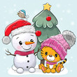 Cartoon tiger and snowman near the Christmas tree