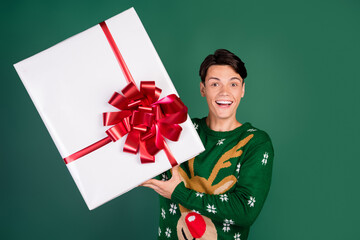 Sticker - Photo of crazy funky guy hold big giftbox omg face wear deer ornament sweater isolated green color background