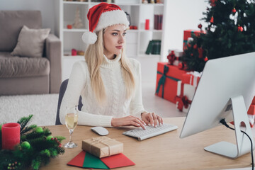 Canvas Print - Profile side photo of young girl look read browse computer typing letter congratulation merry christmas indoors