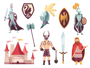 Wall Mural - Medieval kingdom characters of middle ages historic period  Illustrations. Peoples and object set. Knight in full armor, castle, fortress and shields.