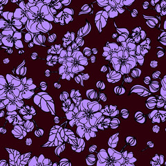 Elegant hand drawn purple rose floral seamless pattern on dark background. Wrap, fabric, textile, wrap, surface, web and print design. Vector