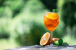 Aperol Spritz Aperitivo summer cocktail drink in original glass with oranges and mint twig on wooden table background. Food and drink photography