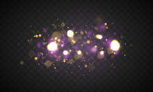 Christmas Abstract Pattern. Purple Fireworks Explosion Dust Vector. Festive Purple And Golden Luminous Background With Golden Colorful Lights Bokeh. Colorful Blue Bokeh Effect. 