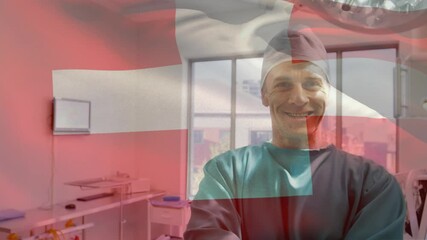 Sticker - Animation of flag of switzerland waving over surgeons in operating theatre