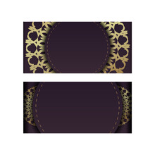Template Greeting Card Burgundy With Vintage Gold Pattern For Your Design.