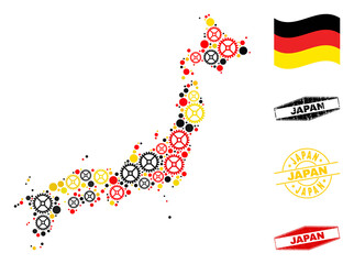 Canvas Print - Service Japan map composition and stamps. Vector collage is created from industrial elements in variable sizes, and German flag official colors - red, yellow, black.