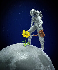 Wall Mural - astronaut on the moon tries to water the flower. 3d illustration