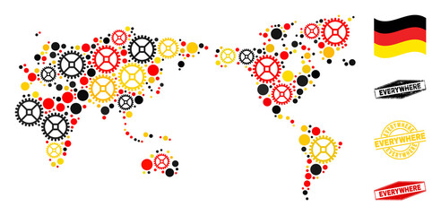 Sticker - Workshop world map collage and stamps. Vector collage is formed with service icons in various sizes, and German flag official colors - red, yellow, black.