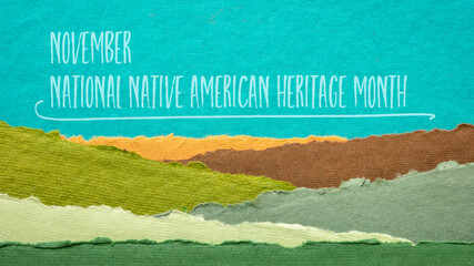 Wall Mural - November - National Native American Heritage Month, handwriting against abstract paper landscape, reminder of historical and cultural event