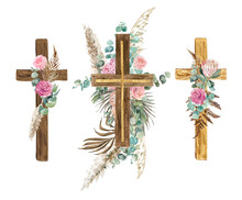 Wooden Boho Watercolor Cross With Eucalyptus And Tropical Flowers On A White Background. Set Of Images For First Communion, Baptism, Easter