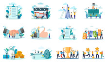 Targeting,office Work,time Management, Contract Conclusion, Rating, New Project.A Set Of Flat Icons Vector Illustrations On The Topic Of Business And Technology.