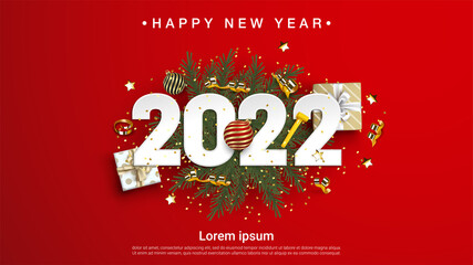 Happy new year 2022 numbers on green fir branches background