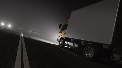 Wall Mural - Low Angle View of a Box Truck on the Road at Night with Other Vehicles 3D Rendering