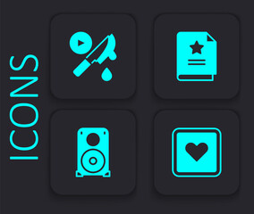 Canvas Print - Set Like heart, Thriller movie, Scenario and Stereo speaker icon. Black square button. Vector