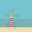 Lighthouse with white and red stripes on coast. Blue sky sea flying seagull. Seaside landscape illustration in vintage style.