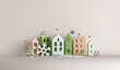 © sofirinaja - Winter decoration background with house building city, snowflakes, copy space text, 3D rendering illustration