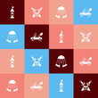 Set pop art Castle tower, Skull with sword, Medieval helmet and catapult icon. Vector