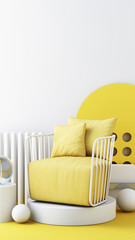 Wall Mural - yellow color chairs, sofa, armchair in empty background. surrounding by geometric shape Concept of minimalism  installation art. 3d rendering mock up vertical frame