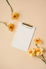 Wall Mural - Clipboard tablet pad with blank paper sheet on neutral beige table. Aesthetic artist home office desk workspace with narcissus flowers. Flat lay, top view mockup with empty copy space