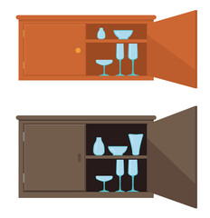 Wall Mural - Cupboard set vector illustration. Wardrobe with a slightly open door and dishes on the shelves