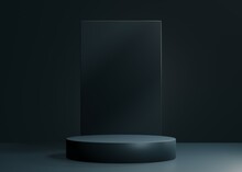 Modern Dark Blue Podium For Product Showcase. Cylinder Shapes Pedestal. Blue Background Display. Empty Stage. 3d Render Illustration