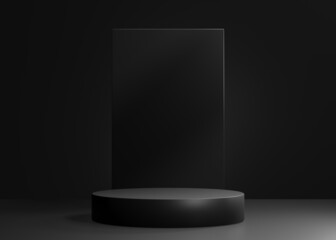 Minimalist black geometric pedestal for product showcase. Abstract black background. Empty mock up template. Cylinder shape. Blank stage. 3d render illustration