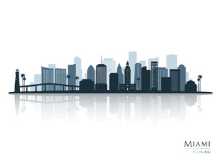 Sticker - Miami skyline silhouette with reflection. Landscape Miami, Florida. Vector illustration.