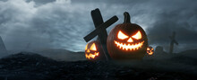The Dark Night Halloween, Jack O Lantern On Graveyard. 3d Rendering