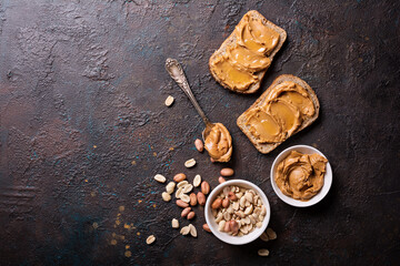 Wall Mural - Tasty sandwiches with peanut paste and honey for breakfast