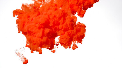 Wall Mural - Red-orange acrylic paints are mixed in water. Colored cloud of ink on a white background. Red-orange watercolor ink in water on a white background.