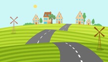Highway is laid through hilly fields to village. Winding circular roads next to houses green summer landscape with trees and vector grass.