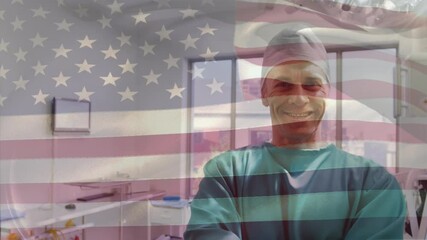 Sticker - Animation of flag of usa waving over surgeon in operating theatre