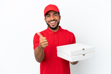 Poster - pizza delivery man picking up pizza boxes isolated on white background with thumbs up because something good has happened