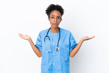 Sticker - Young surgeon African American doctor woman isolated on white background having doubts while raising hands