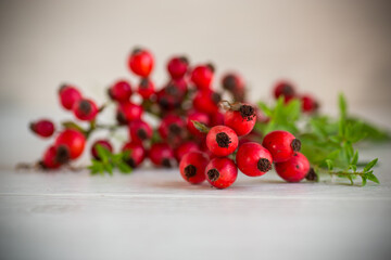 Wall Mural - ripe red rose hips on a wooden table