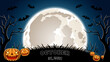 Halloween template (october 31, 2021). Pumpkins, bats and big moon.