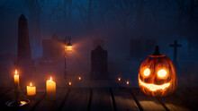 Creepy Halloween Graveyard Illustration With Pumpkin Decoration And Candles.
